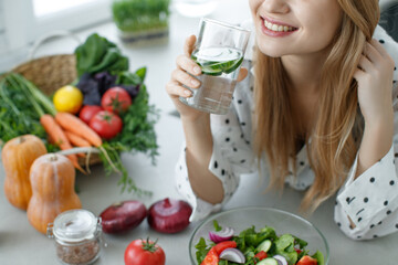 Healthy food woman. Beautiful woman eats a salad. High quality photo