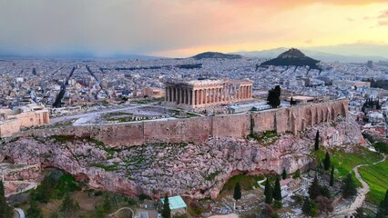 Parthenon of Athens at dawn, sunrise in Greek capital Athens, aerial view of Acropolis, classical ancient Greek monument
