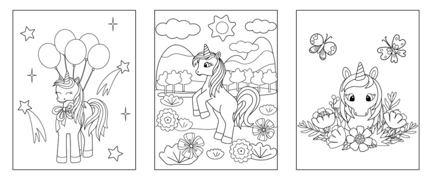 Set of three coloring books for children with unicorns. Black outline of fairytale animals on white, sketch, simple shapes. Vector illustration