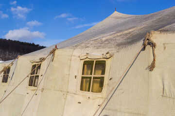 Ropes for attaching mobile army tents. Fasteners of prefabricated tarpaulin military tents