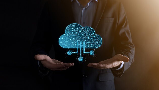 Cloud technology. Polygonal wireframe cloud storage sign with data collection icon on dark blue. Cloud computing, big data center, future infrastructure, digital ai concept. Virtual hosting symbol