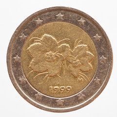 Finland - circa 1999 : a 2 Euro coin of Finland with a blooming cloudberry plant, Rubus chamaemorus