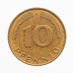 Germany - circa 1987 : a 10 Pfennig coin of Germany showing the number ten and grain ears around...
