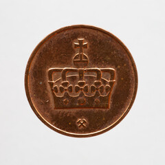 Norway - circa 2010: Five Ore coin in copper of Norway showing the crown of King Harald V