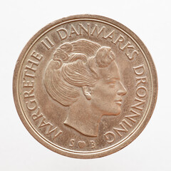 Denmark - circa 1974: a 5 Krone coin of Denmark showing a portrait of queen Margrethe II of Denmark...