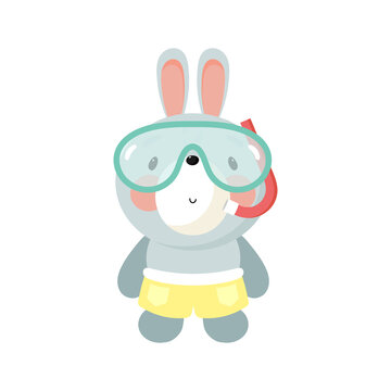 Cute Rabbit with Swimming Mask. Vector illustration in cartoon style.