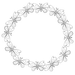 Vector round frame, border from contoured cute butterflys in Doodle style. Simple background, decoration for spring, summer, holiday postcard