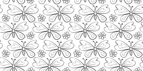 Vector seamless pattern of black outline cute butterflies and flowers in Doodle style. Background and texture on theme of nature, spring, summer, children print, isolated