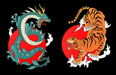 Japanese mythological animals or Asian traditional symbol for tattoo or label. Dragon and Tiger Hand drawn line art Vintage old ink. Vector illustration.