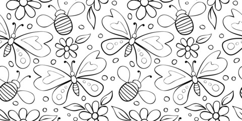 Vector seamless pattern of black outline butterflies, honey bees and flowers. Doodle style. Glade as nature lace. Cute background and texture on theme of nature, spring, summer, children print