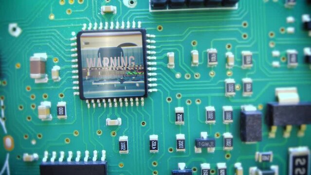 Glitching computer Virus skull warning on a rotating motherboard chip - 3D render