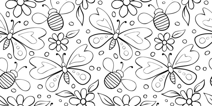 Vector seamless pattern of black outline butterflies, honey bees and flowers. Doodle style. Glade as nature lace. Cute background and texture on theme of nature, spring, summer, children print