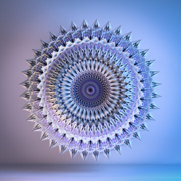 3D render of abstract geometric metallic mandala or fractal with glowing lights surreal technological futuristic spiritual symmetrical flower curved sharp edged design in grey background studio