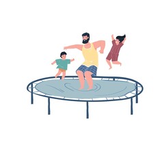 Vector cartoon family characters doing sports together,dad and kids jump on trampoline-happy childhood,sporty healthy family relationships social concept,web site banner ad design