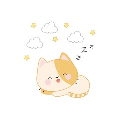 A cute sleeping kitten with clouds and stars flying over it.