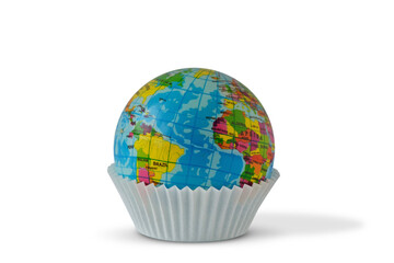 World planet in paper cupcake cup - Earth day concept