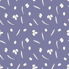 Seamless olive fruits and leaves pattern. Hand drawned, white silhouettes with black contour on the veri peri color background. Nice idea for any surface ptint, like textile or wrapping paper. 