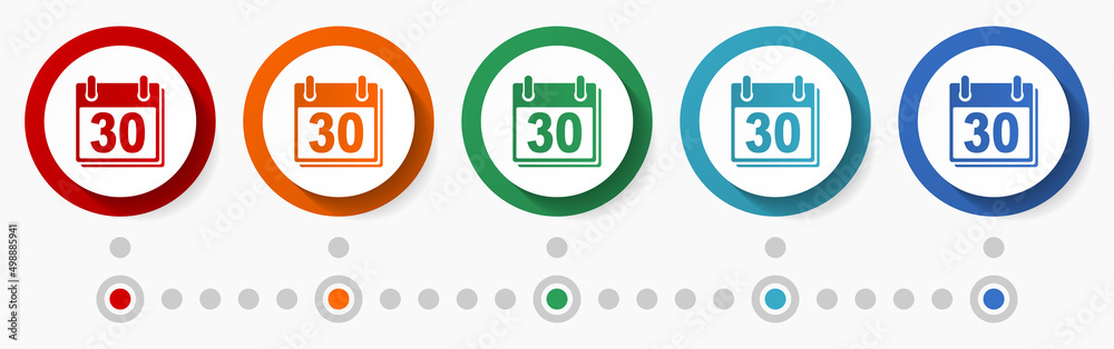 Fototapete calendar, month concept vector icon set, flat design colorful buttons, infographic template in 5 col