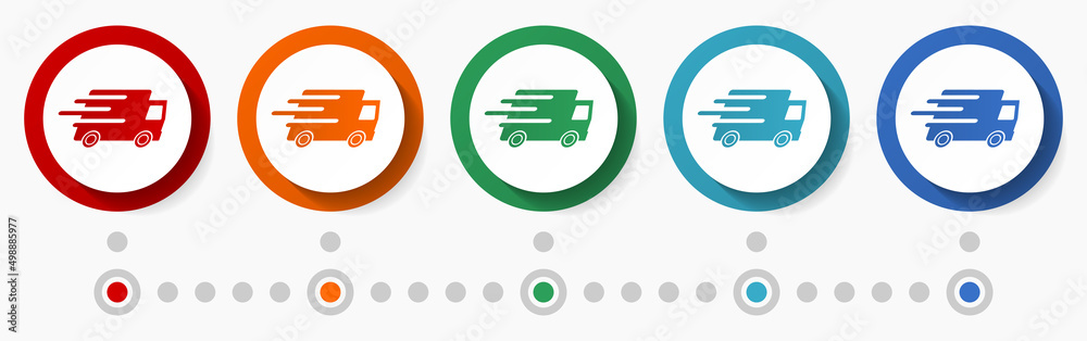 Poster Fast delivery concept vector icon set, infographic template, flat design colorful web buttons in 5 color options