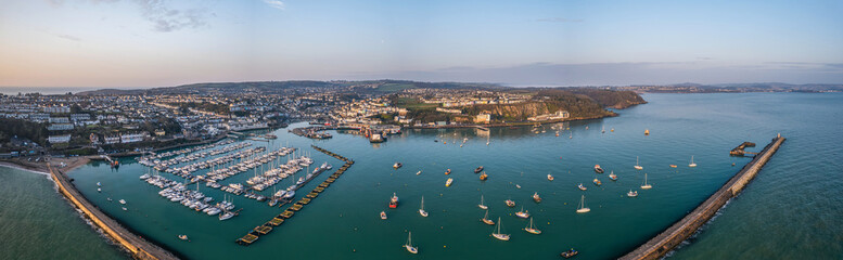 Sunrise over Brixham Marina and Harbour from a drone, Brixam, Devon, England, Europe