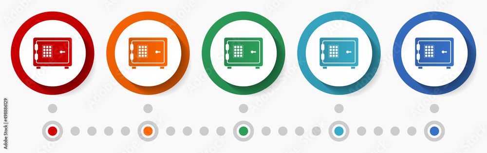 Aufkleber safe, bank concept vector icon set, infographic template, flat design colorful web buttons in 5 colo