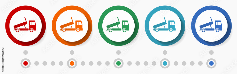 Poster dump truck, transport concept vector icon set, infographic template, flat design colorful web button