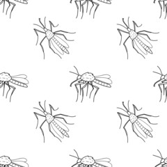 Vector seamless pattern of black outline mosquitos, moths, midges in doodle sketch style. Simple texture with insects, bloodsuckers, pests