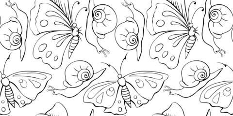 Vector seamless pattern of black outline butterflies and snails. Doodle style. Flower meadow. Cute texture on theme of nature, spring, summer, children print