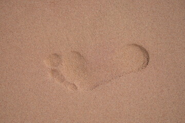Footprints on wet sand sand on beach closeup