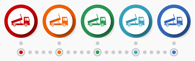 Dump truck, transport concept vector icon set, infographic template, flat design colorful web buttons in 5 color options © Alex White