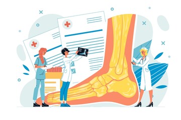 Tiny doctor examining foot or leg ankle on x-ray image. Feet toe trauma, pathology or illness discomfort treatment with examination. Surgery or podiatry procedures