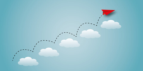Red paper plane rising step up the cloud as metaphor for business and financial growth, Success and financial developing, Success in business growth concept. copy space. paper cut design style.