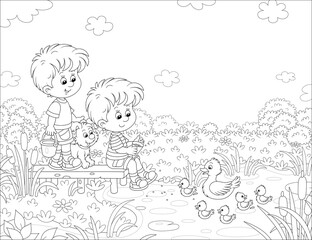 Happy little boys with a merry pup feeding small ducklings and a white duck swimming on a pretty lake in countryside on a warm summer day, black and white outline vector cartoon illustration