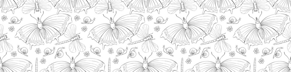 Vector seamless pattern of butterflies, dragonflies, snails and flowers. Doodle style, thin black outline. Flower meadow. Cute texture on theme of nature, spring, summer, children print
