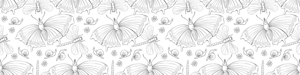 Vector seamless pattern of butterflies, dragonflies, snails and flowers. Doodle style, thin black outline. Flower meadow. Cute texture on theme of nature, spring, summer, children print