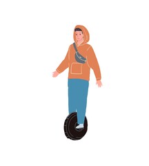 Vector flat cartoon man character ride mono wheel-outdoor activities and leisure,healthy sporty lifestyle scene social concept,web site ad banner design