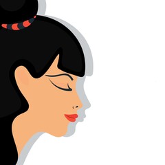 Portrait of a cute girl in profile. Nice, sincere female face on a white background. Isolated vector with brunette closeup. For advertising cosmetics, perfumes. Flyer banner poster postcard flat style