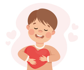 Self-love with Little Boy Holding Heart Admiring Himself Loving His Appearance Vector Illustration