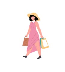 Vector cartoon flat woman character walks with bags of purchased goods on empty background-trendy collection,shopping and sales,fashion lifestyle concept,web site banner ad design