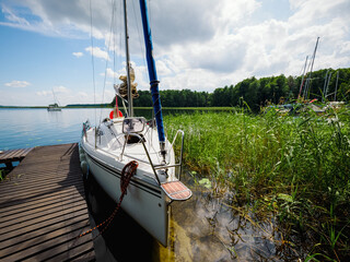 moored sailboat near old wooden pier on a lake shore in a sunny summer day - obrazy, fototapety, plakaty