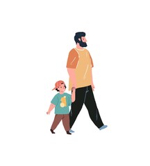 Vector cartoon flat happy family characters parent and kid on walk.Young dad and little boy walking on empty background-healthy family relationships social concept,web site banner ad design