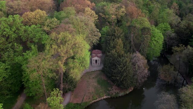 The small temple of Piermarini in the Park of Monza seen from above, aerial shot.