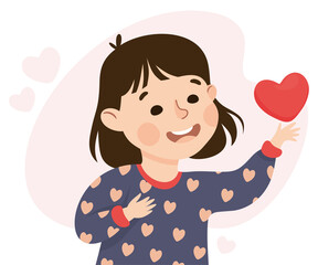 Self-love with Little Girl Sending Heart Admiring Herself Loving Her Appearance Vector Illustration