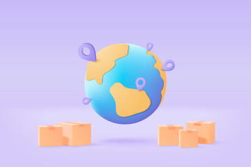 3D earth globe with pinpoints online deliver service, delivery tracking, pin location point marker of shipment concept. Product shipping out from world map. Logistic icon 3d vector render illustration - obrazy, fototapety, plakaty