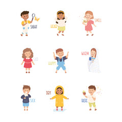 Little Boy and Girl Showing Senses Smelling, Hearing and Tasting Vector Set