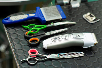 pet grooming tools in grooming salon on table, close-up