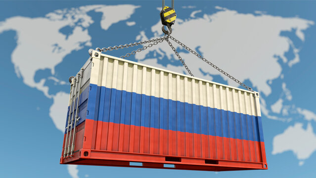 Russische Exportwirtschaft - Container mit russischer Flagge und Weltkarte im Hintergrund