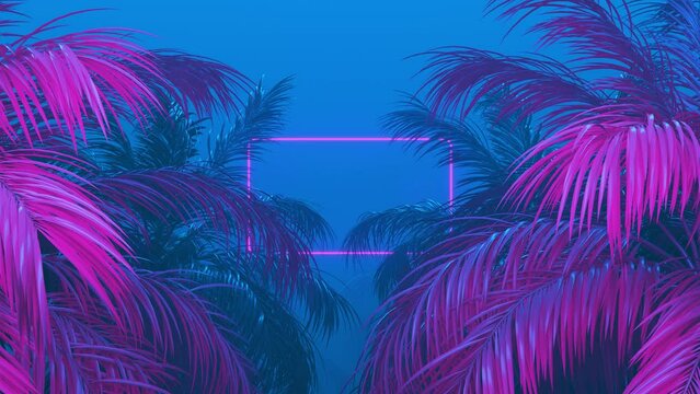 Retrowave glowing rectangle frame appears in the tropical palm tree zoom in