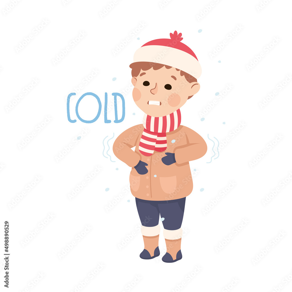 Sticker Little Boy Showing Sense of Cold Shivering in Cold Winter Weather Vector Illustration