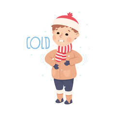 Little Boy Showing Sense of Cold Shivering in Cold Winter Weather Vector Illustration